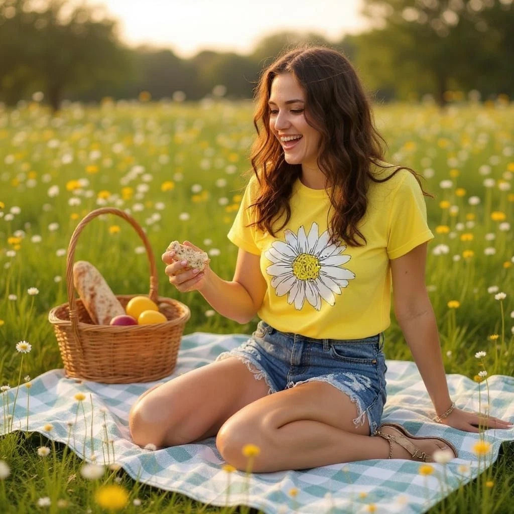 Ladies Daisy Flower T-Shirt Womens Baggy Cotton Tee Top Short Sleeve Summer