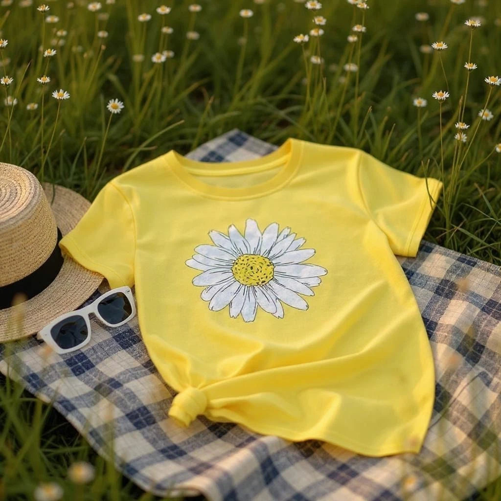 Ladies Daisy Flower T-Shirt Womens Baggy Cotton Tee Top Short Sleeve Summer
