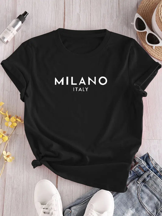 Women’s “Milano Italy” Graphic T-Shirt Black Crew Neck Short Sleeve Casual Tee