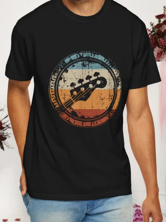 Vintage Guitar T-Shirt Men Rock Music Tee Retro Band Top Concert Streetwear Black