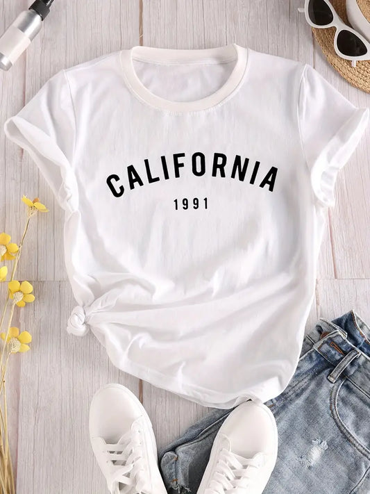 Women’s California Chic Graphic Tee Soft Crew Neck Casual T-Shirt Short Sleeve