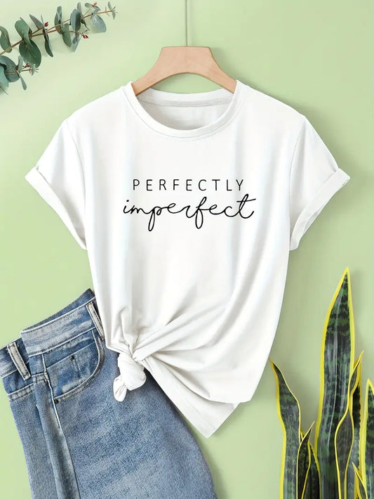 Women’s Vintage “Perfectly Imperfect” Graphic Tee Beige Short Sleeve Casual Top