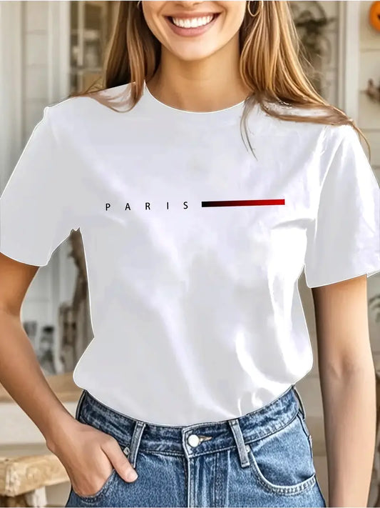 Women’s Paris Graphic T-Shirt Short Sleeve Casual Tee Soft Round Neck Red Accents