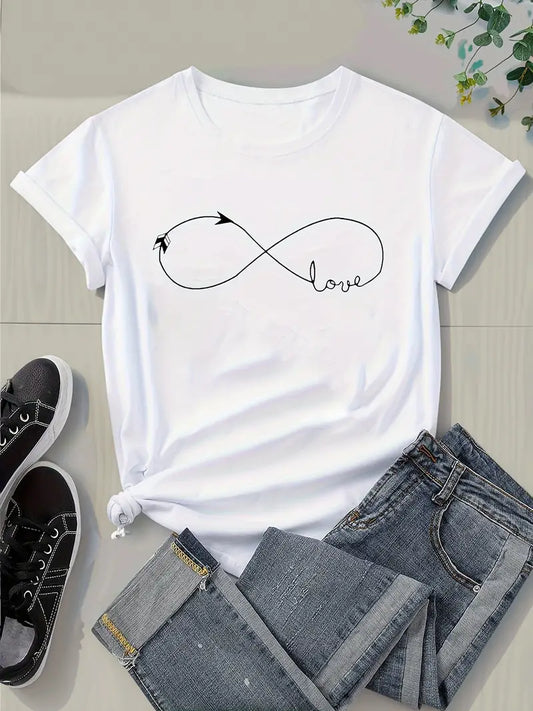 Women’s Love & Geo Print T-Shirt Crew Neck Short Sleeve Casual Top Summer Spring