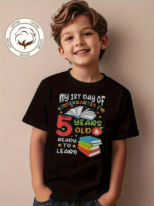 My 1st Day of Kindergarten Shirt Boys Age 5 Back to School T-Shirt Cotton Black Tee