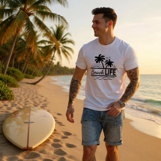 Beach Life Print Fitted T-Shirt for Men | Casual Summer Short Sleeve Tee Top